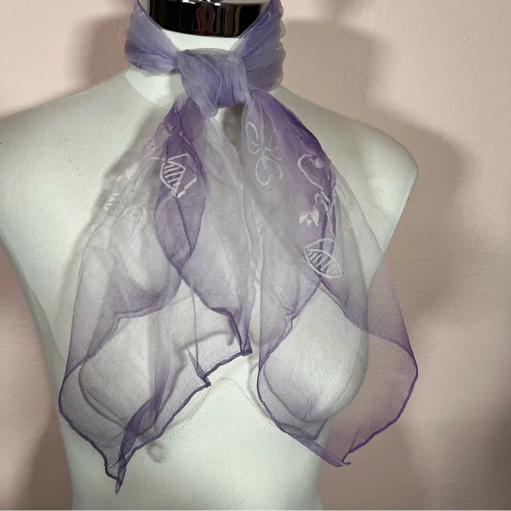 Vintage 1960 70’ semi sheer purple white flocked cottagecore floral Scarf
